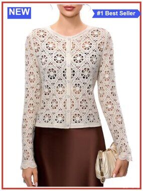 Wool Blend Crochet Cardigan Sweater Golden Thread Open Front Knit